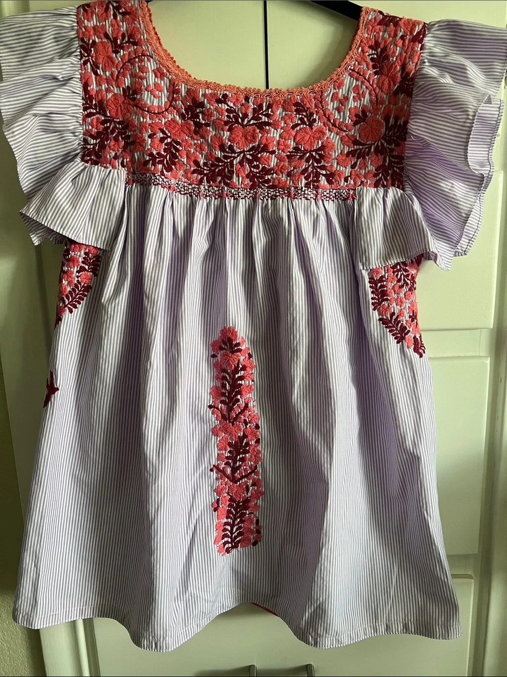 Mi Golondrina Lavender-Striped Dress with Coral Embroidery - Picture 1 of 5